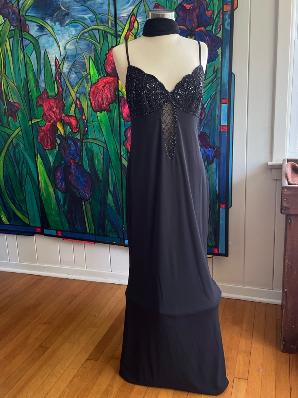 $99 SALE Evening Gown Dress Beaded Black Spaghetti Strap Sheer Evening Formal